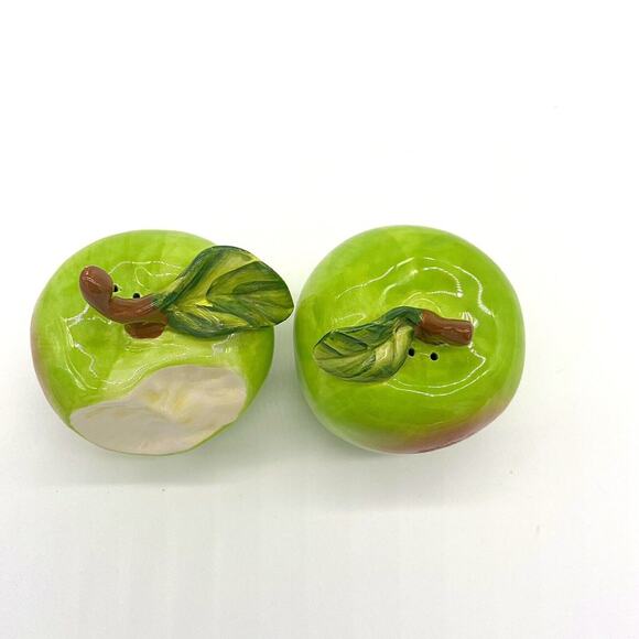 Green Apple Salt & Pepper Shakers Set Ceramic By Blue Sky Bite Teacher Gift - Picture 4 of 5